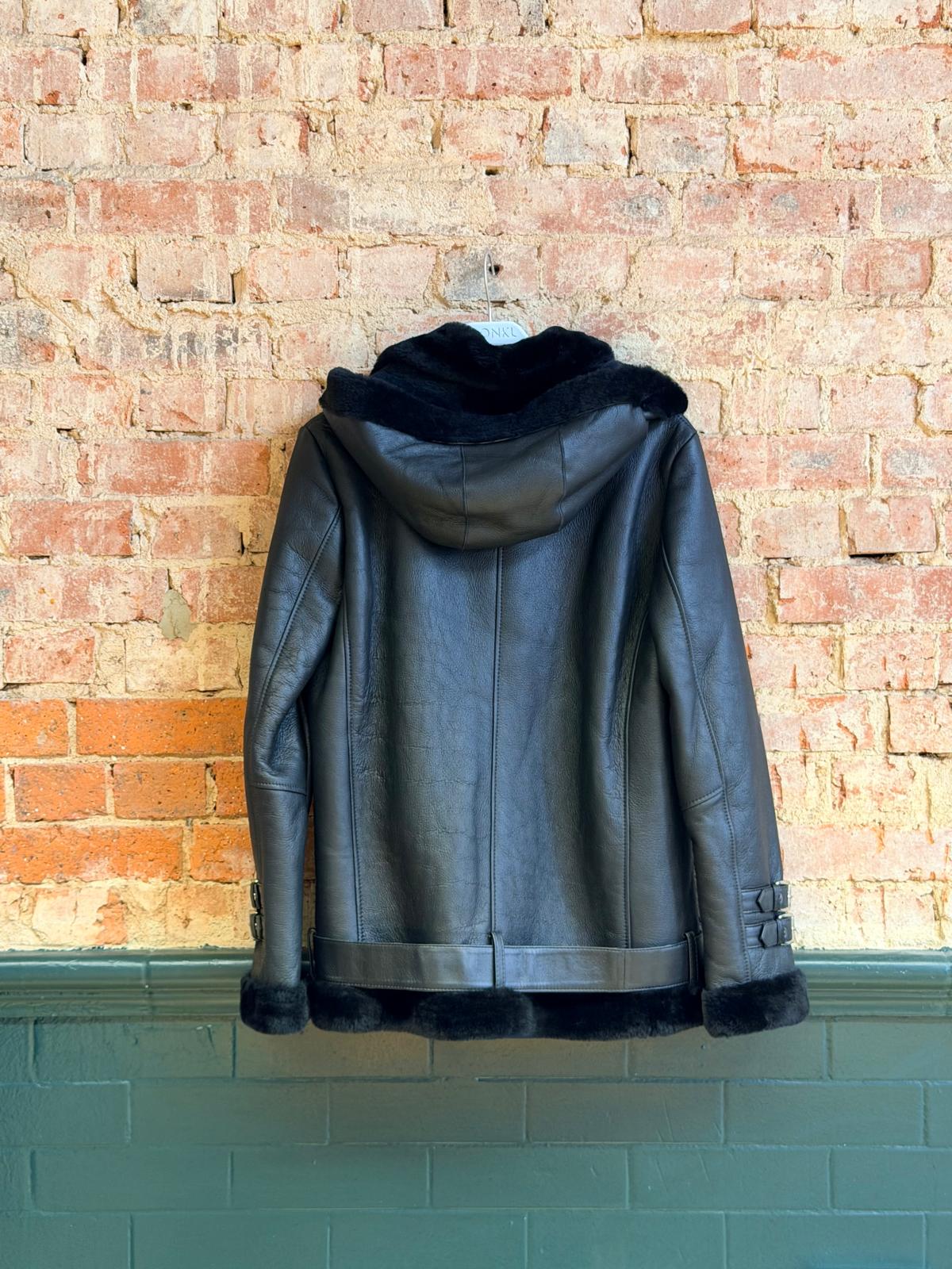 Women’s Black Hooded Sheepskin Biker Jacket – XL - Image 2
