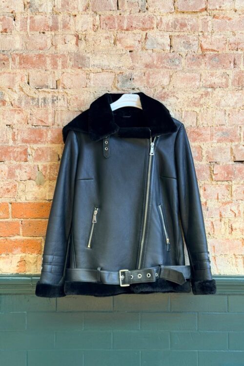 Women’s Black Hooded Sheepskin Biker Jacket – XL