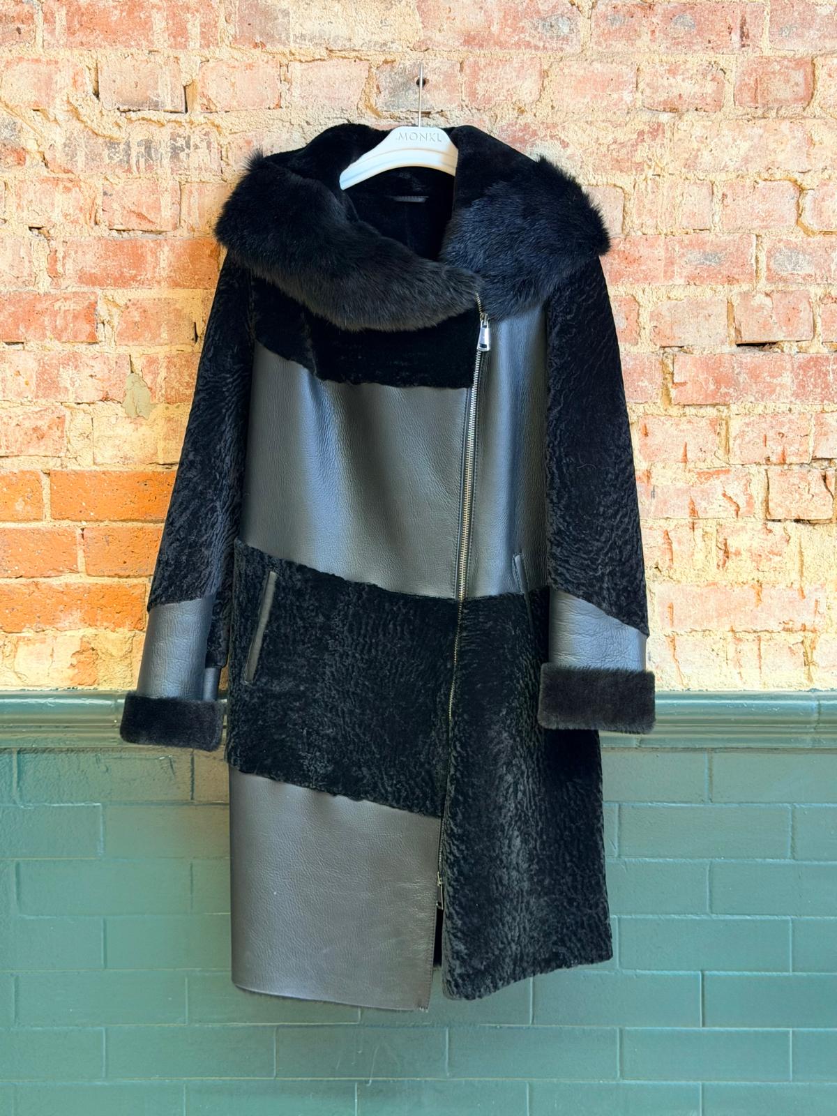 Front view of black genuine sheepskin three-quarter coat with plush collar