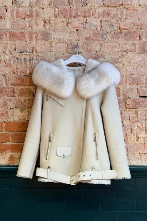 Women’s Ivory Sheepskin Biker Jacket with Statement Collar – XL