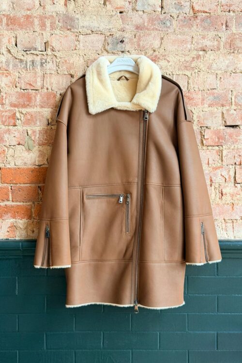 Women’s Tan Sheepskin Coat with Cream Collar – XL